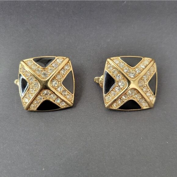 Trifari Vintage Clip on Earrings Gold Toned Black Enamel Rhinestone Square X - Picture 9 of 11